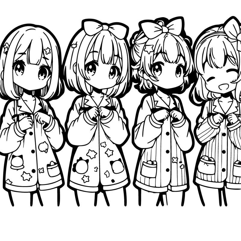 4 anime girls in cute pjs