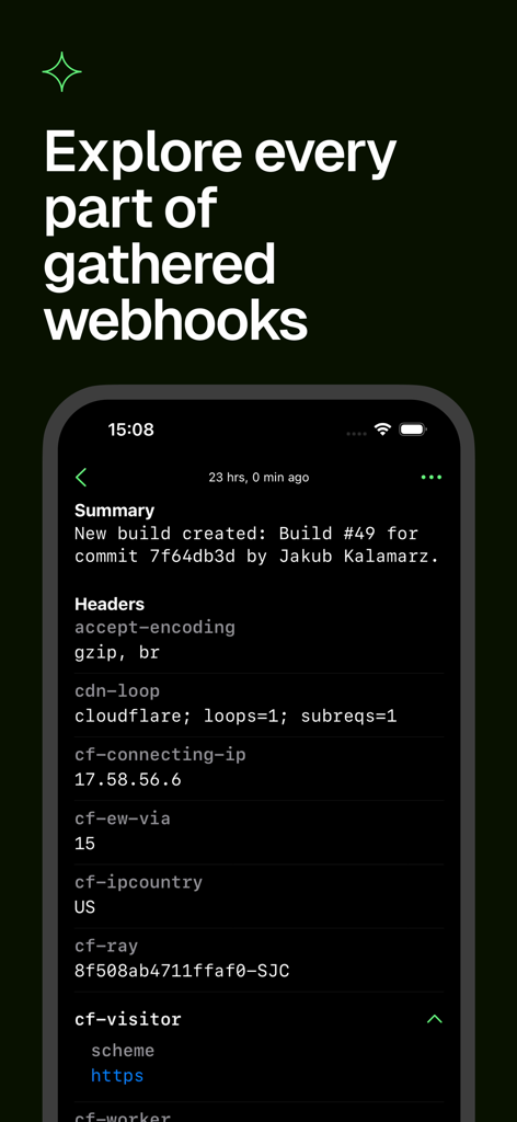 Webhook Notifications - Hook - Detailed view of a webhook in the Hook app showing summary and headers
