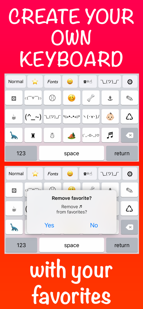 Interface do teclado personalizado mostrando opções para adicionar ou remover símbolos e emojis favoritos