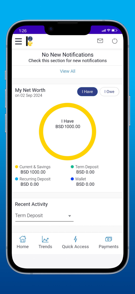 BOB ONLINE mobile banking dashboard displaying user net worth and account balances in Bahamian Dollars