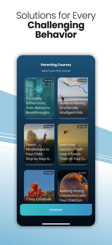 Tela do aplicativo MamaZen exibindo vários cursos de parentalidade para inteligência emocional e comportamento infantil