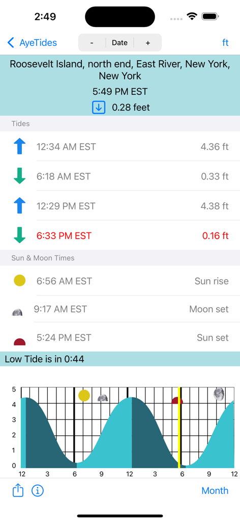 AyeTides - AyeTides app interface showing tide levels, high and low tide times, and a tide curve graph for Roosevelt Island New York