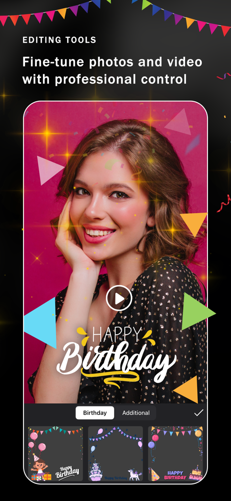 Birthday Video Maker Songs - Interfaz de una aplicación creadora de videos de cumpleaños que muestra herramientas de edición de fotos y marcos decorativos