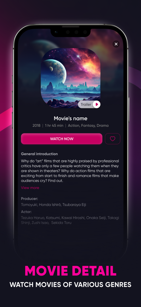 Fir IPTV - Interface de l'application mobile Fir IPTV affichant une page de détails de film avec titre et bouton "regarder maintenant"