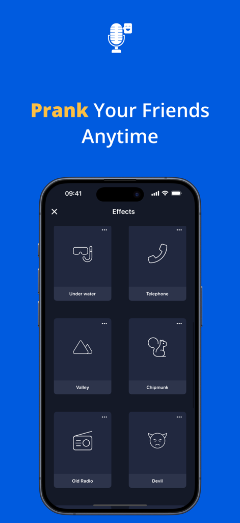 Voice Changer | Audio Effects - Mobile app screen showing a menu of voice effects like Chipmunk Devil and Under Water for pranking friends