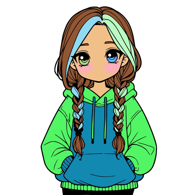 a realistic girl with a oversized hoodie and she has braids