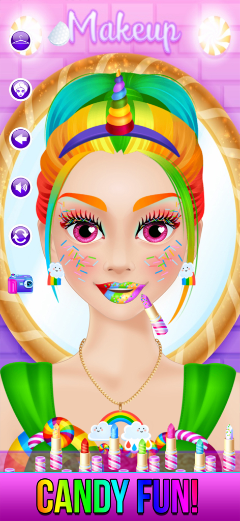 Rainbow Unicorn Candy Salon - Eine Mädchenfigur mit Regenbogenhaar und einem Einhorn-Horn erhält eine bunte Make-up-Verwandlung mit Kinderschminken und Lippenstiften