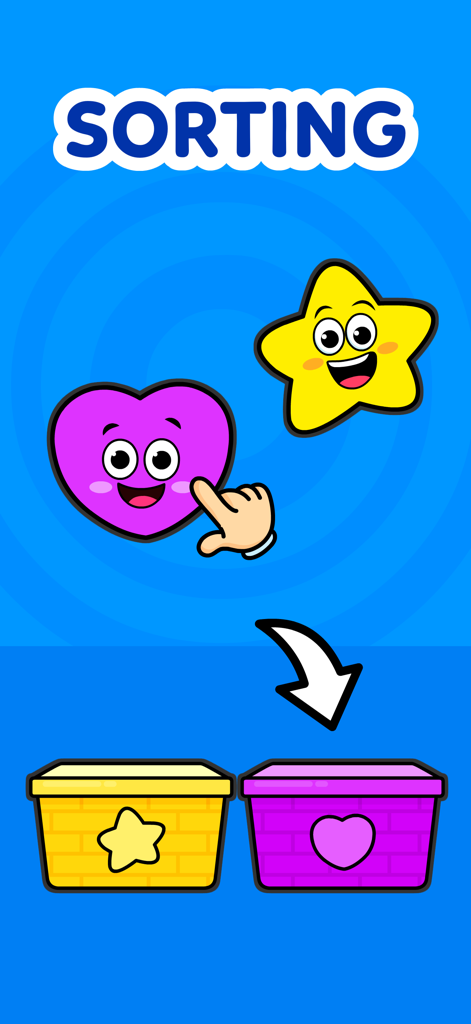 A children's sorting game featuring a cartoon heart and star being matched into corresponding colored baskets.