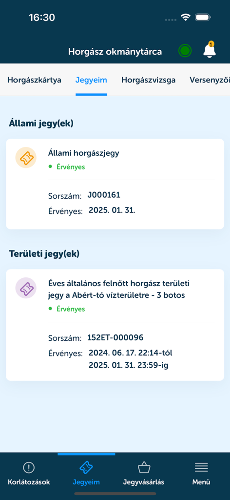 Digital fishing license and regional ticket display in the Horgasz mobile app wallet