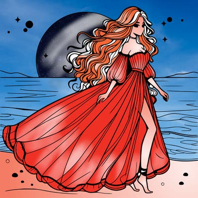 beautiful woman with a vaporous long dress walking on the beach at the noon, detailed art