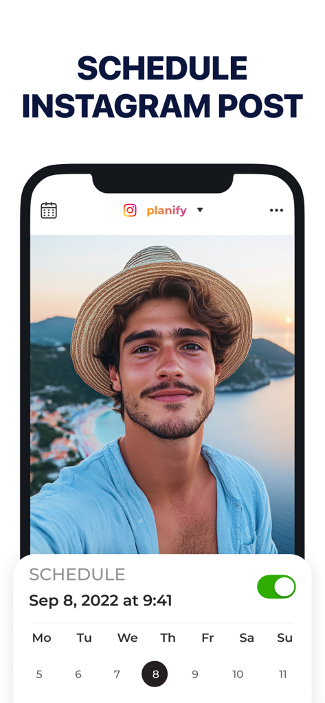 Mobile App-Oberfläche zur Planung von Instagram-Posts mit Kalenderansicht und Zeitauswahl