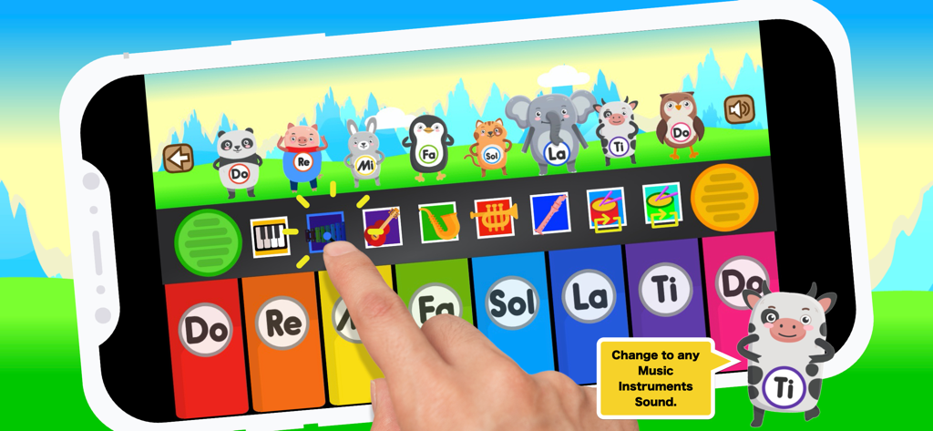 Piano rhymes animal noises - A hand selecting the xylophone instrument sound in the Piano rhymes animal noises app