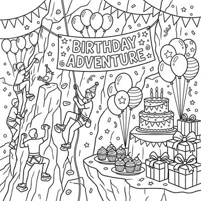 Get ready for an exciting celebration as free climbers tackle a challenging rock face in this unique birthday coloring page. Filled with festive balloons, delicious cakes, and adventurous spirits, it's perfect for anyone who loves action and parties.