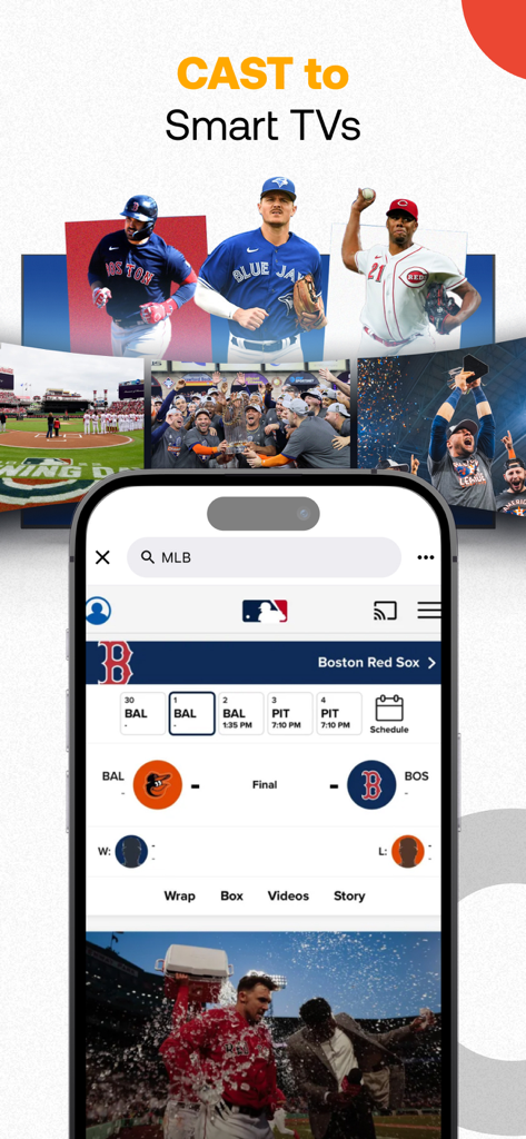 Chromecaster: Get Streaming TV - Uma tela de iPhone exibindo resultados e vídeos de beisebol da MLB sendo transmitidos para uma smart TV
