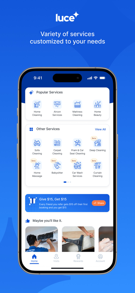 Luce App-Oberfläche, die eine Vielzahl von Haushaltsreinigungs-, Klimaanlagen- und Lifestyle-Services zur Buchung anzeigt