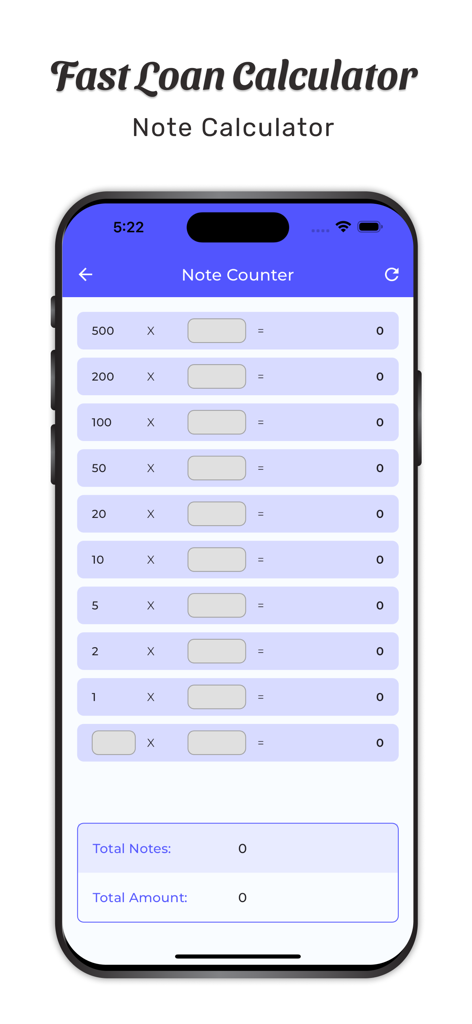 Interface of the note counter feature in the Fast Loan Calculator app for cash denomination counting