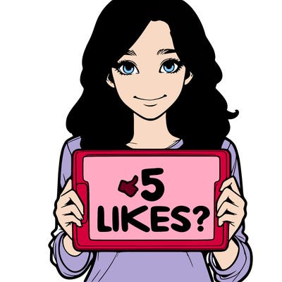 a realistic girl holding a sign saying 5 likes?