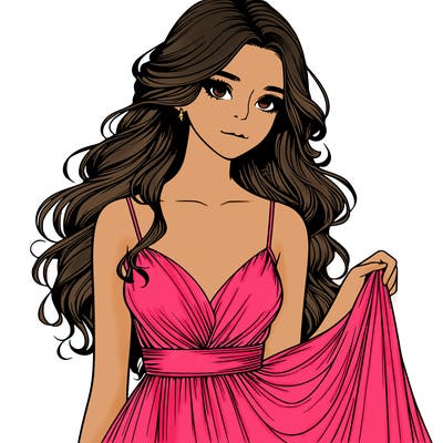 realistic girl in flowy silky prom dress