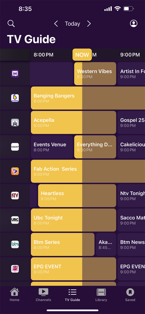 Ugandan TV guide schedule on YOTVChannels mobile app