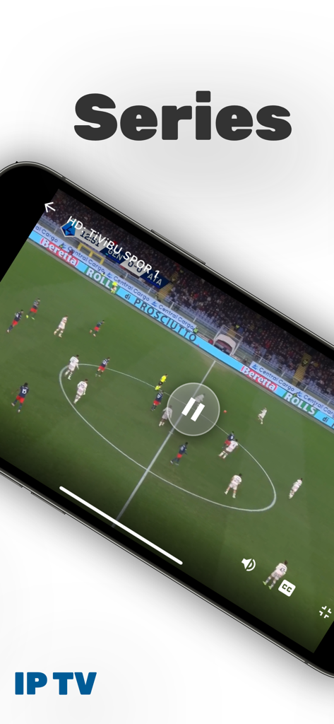 A smartphone displaying a live soccer match on the V-IP TV app interface