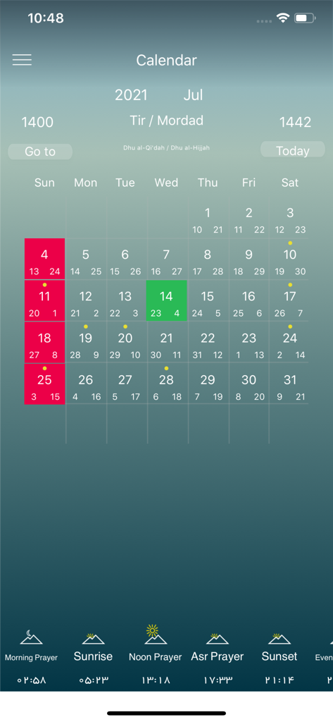 Azangoo app interface showing a multi-language calendar with Gregorian and Hijri dates alongside daily prayer times