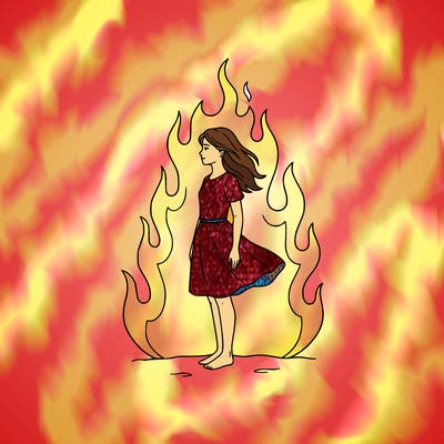 there is a fire but it's not so big but it's big but not too much and there is a girl standing in the middle