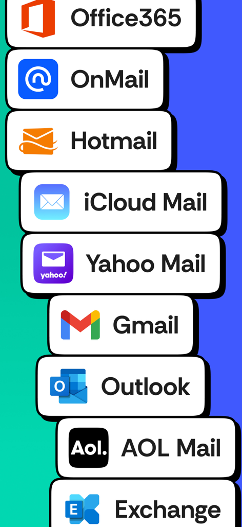 Trimbox: Email Cleaner - A vertical list of icons and names for supported email providers including Gmail Outlook Yahoo and iCloud