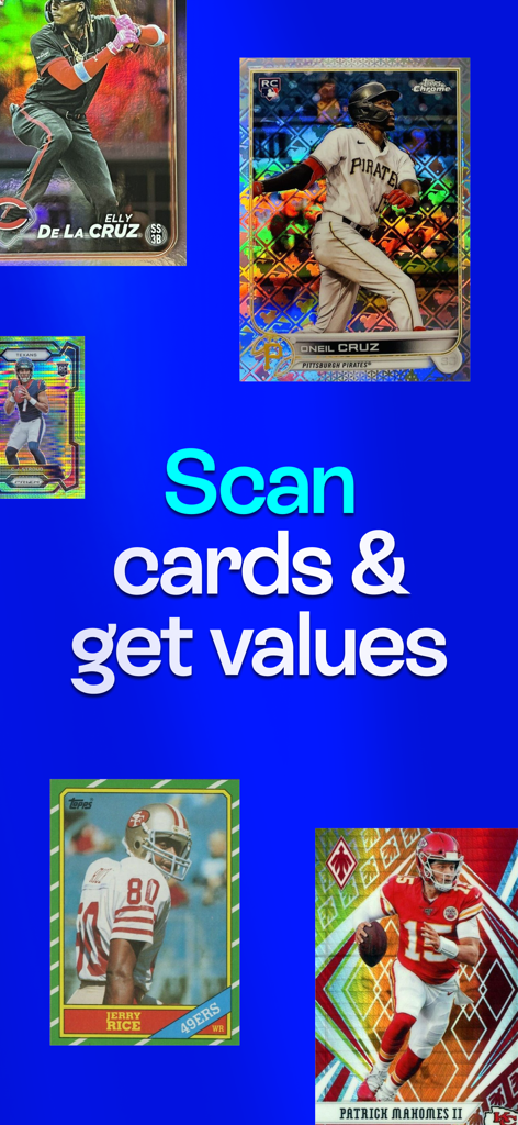 Cardstock: Sports Card Scanner - A collection of sports cards featuring athletes like Patrick Mahomes and Jerry Rice with text that says Scan cards and get values