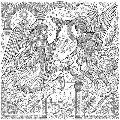 Immerse yourself in a world where gods and goddesses gracefully convey messages between realms with this stunning adult coloring page. Featuring intricate details and celestial motifs, it offers a captivating escape for creative minds.