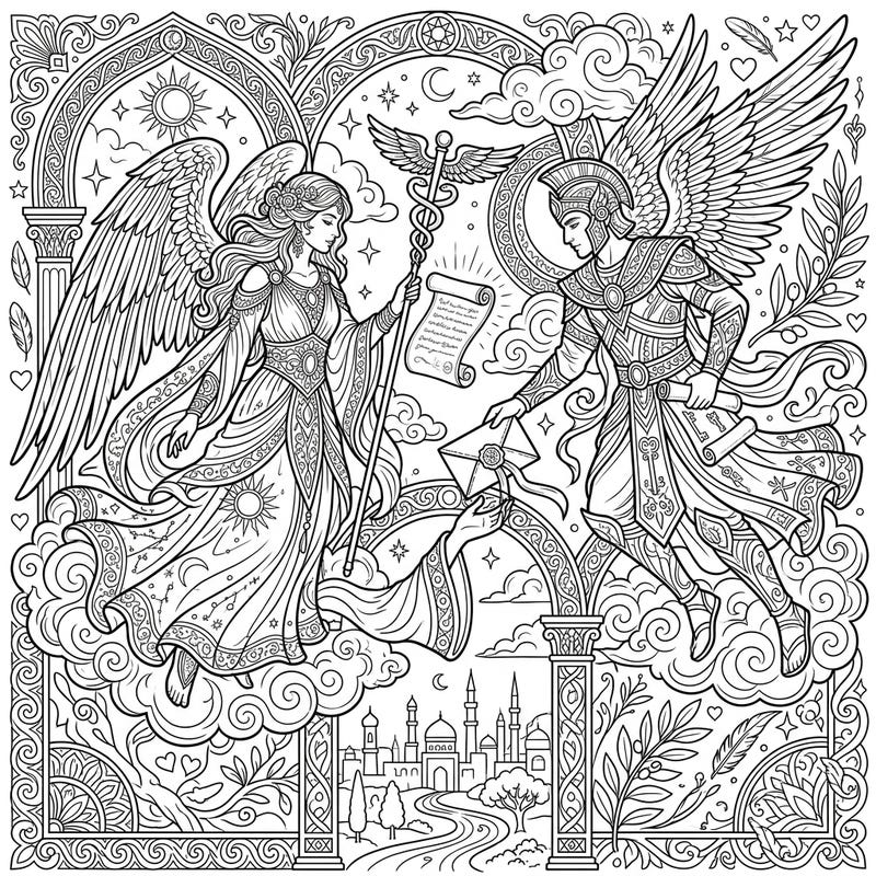 Immerse yourself in a world where gods and goddesses gracefully convey messages between realms with this stunning adult coloring page. Featuring intricate details and celestial motifs, it offers a captivating escape for creative minds.