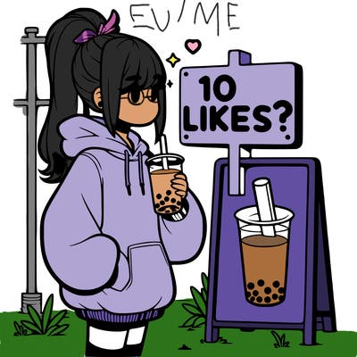 girl with oversized hoodie drinking boba and she has a high ponytail with a sign that says 10likes?