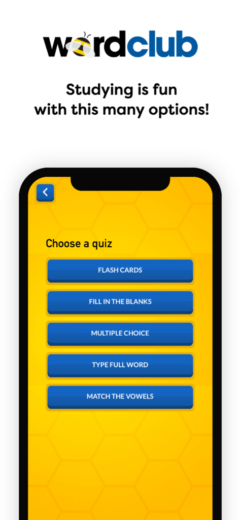 Word Club Spelling+Vocabulary - Word Club app screen showing a list of quiz options including flash cards and fill in the blanks.
