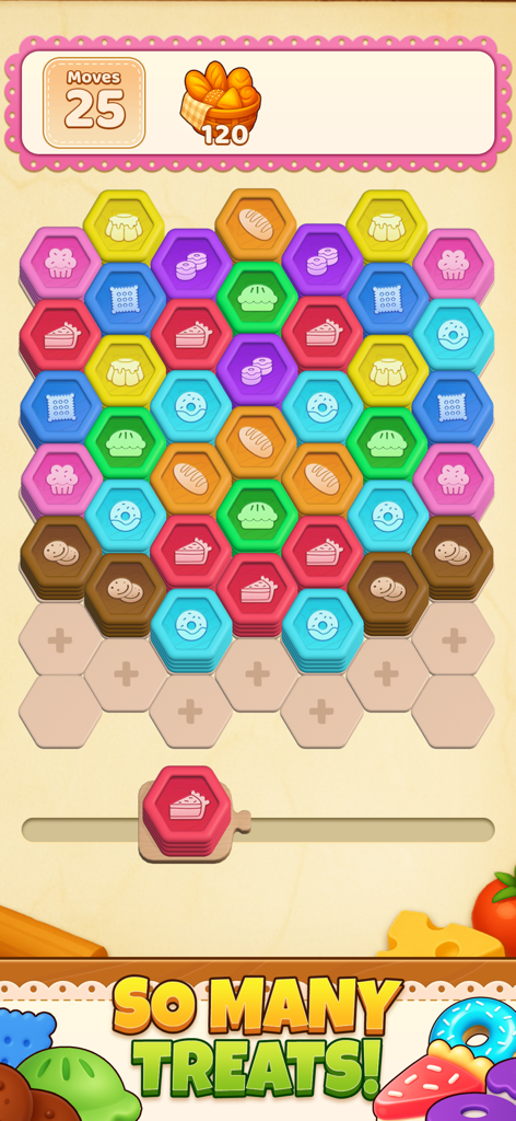 Cooking Blast 3D: Hexa Match - Gameplay screen of Cooking Blast 3D showing colorful hexagonal tiles with bakery treats and level objectives.