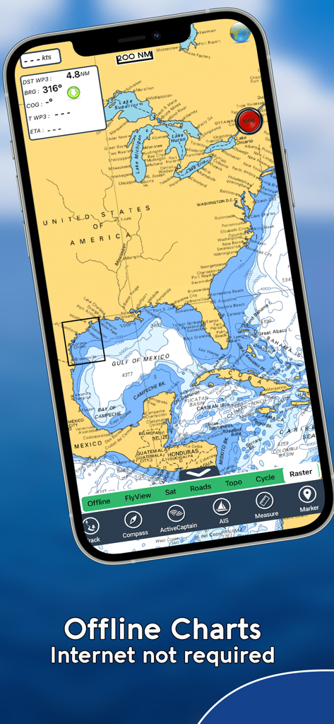 AIS Maps: Marine & Lake charts - AIS Mapsモバイルアプリに、オフラインナビゲーション機能を備えた北米の海図が表示されています。