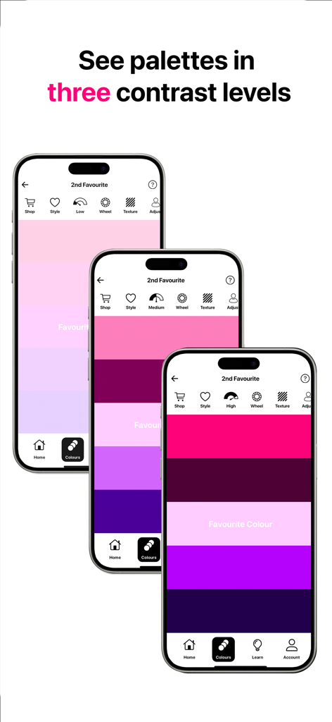 Colour Varia - Colour Varia app interface displaying color palettes across three different contrast levels on mobile phones