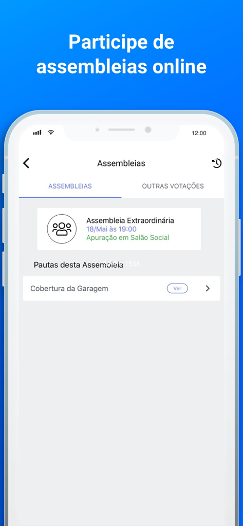 Mobile app interface showing the online assemblies feature where users can view meeting details and vote on property issues remotely.
