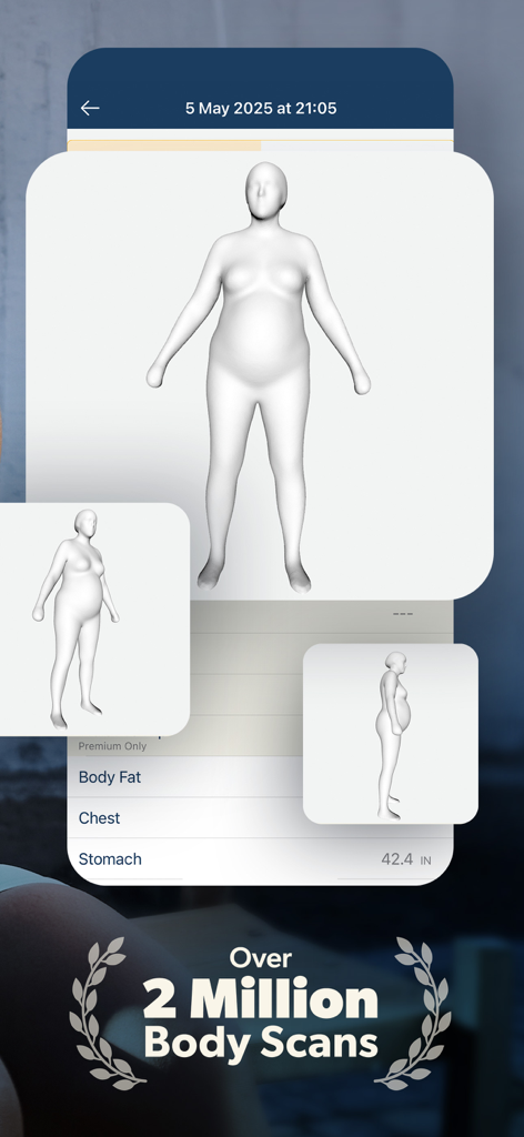 Ein 3D-Silhouetten-Avatar von einer mobilen Körperscan-App, der Vorder- und Seitenansichten für die Fitnessverfolgung zeigt