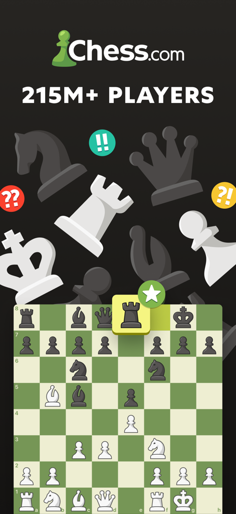 Chess.com mobile app screen showing a chess board and mentioning over 215 million players.