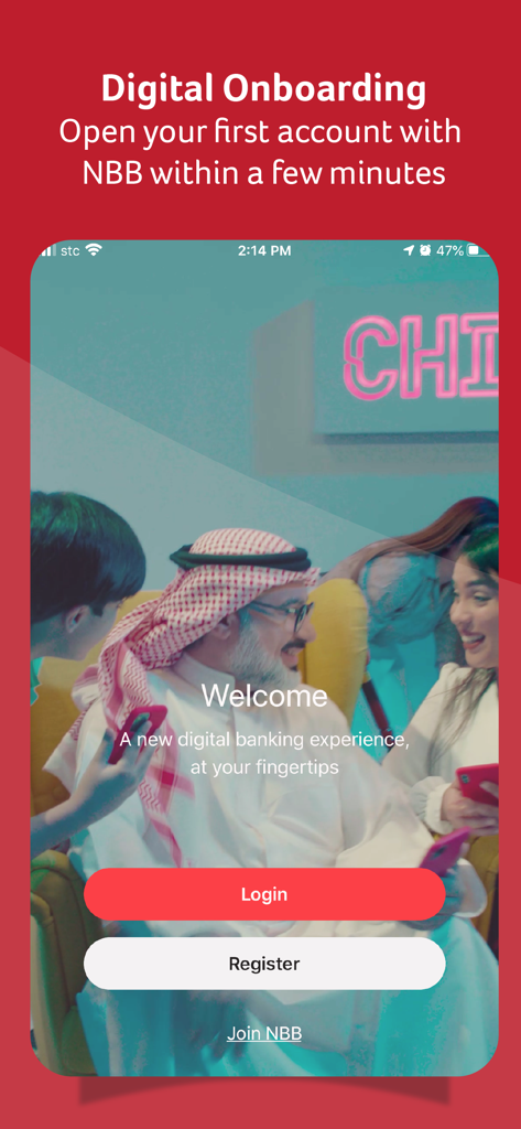 NBB Digital Banking - NBB Digital Banking welcome screen featuring digital onboarding and account registration options