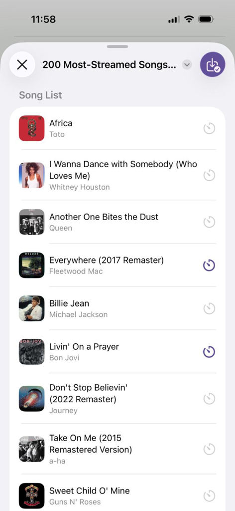 Shuffle Music Bingo - Game - A list of popular songs in the Shuffle Music Bingo app including hits by Toto Whitney Houston and Michael Jackson.