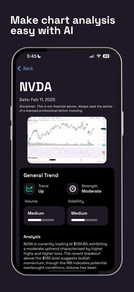 Alpha AI - Trading Assistant - Application Alpha AI affichant des indicateurs d'analyse technique et des prédictions de tendance pour l'action NVDA.