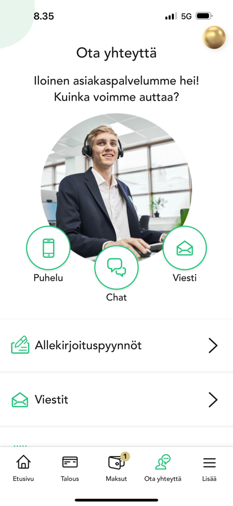 Page de contact de l'application OmaMobiili avec options d'assistance pour les appels, les discussions et les messages.