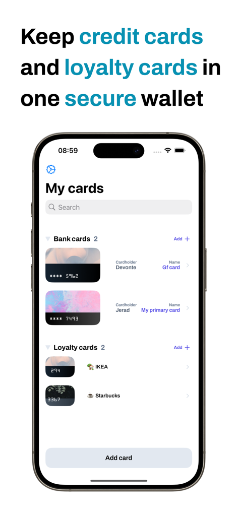 Card Holder: Wallet & Loyalty - iPhone screen showing the Card Holder app interface with organized bank and loyalty cards