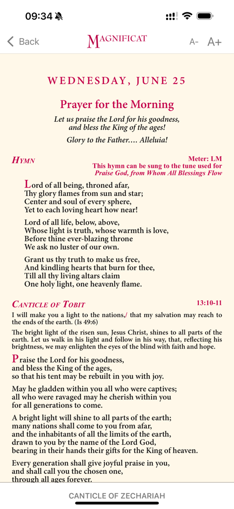 Interfaz de la aplicación Magnificat que muestra la sección de oración matutina con un canto y lecturas de las Escrituras