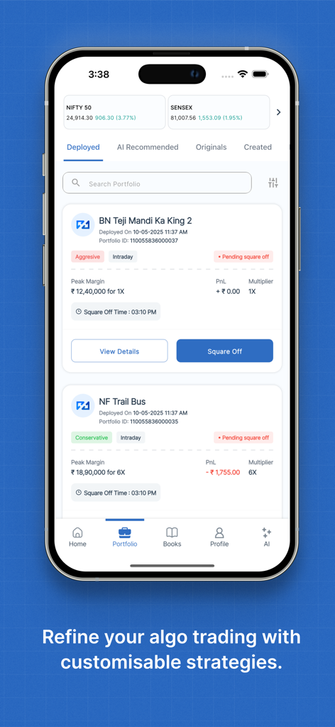 uTrade Algos - Interface do aplicativo uTrade Algos exibindo um portfólio de estratégias de negociação automatizadas implantadas com PnL e índices de mercado
