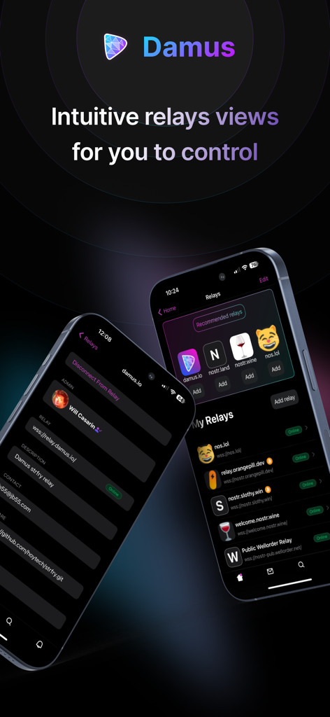 分散型ソーシャルネットワーク制御のための直感的なリレービューを表示するDamusアプリのインターフェイス