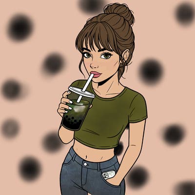 girl holding boba tea and a phone in her pocket a crop top and bun with curtain bangs