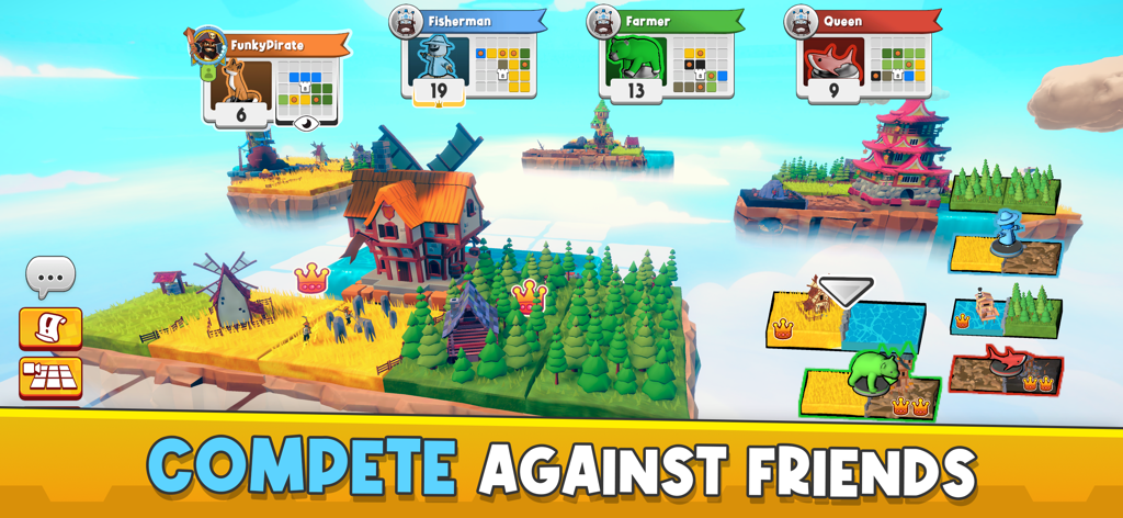 A digital screen of Kingdomino board game showing a multiplayer match with floating island kingdoms and character avatars