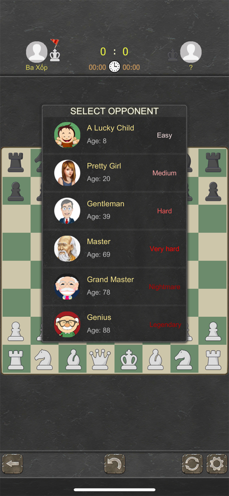 Chess Origins - 2 Players - Select opponent menu in Chess Origins app showing various AI characters with difficulty levels ranging from easy to legendary