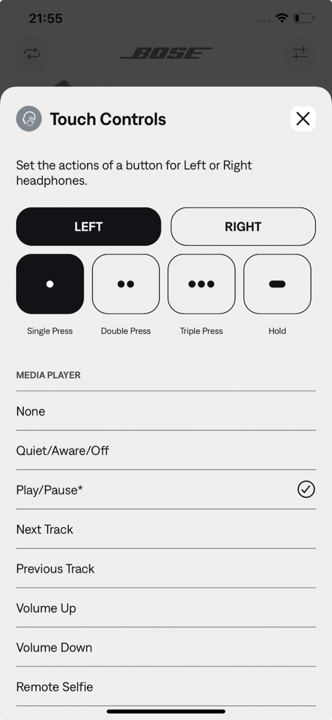 Bose QC Earbuds app interface for configuring earbud touch controls